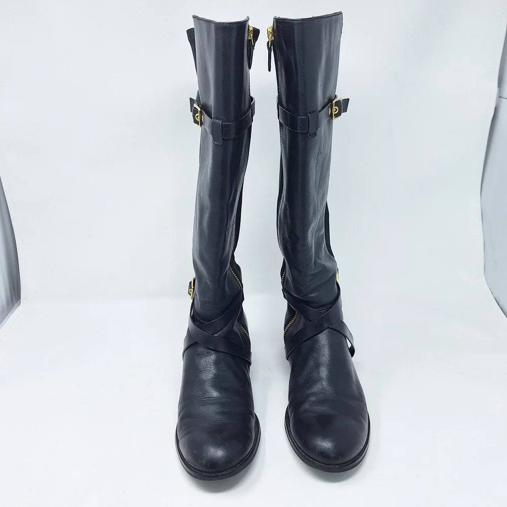 Cole Haan Dorian Stretch Black Riding Boot Leather Boots Gold Hardware